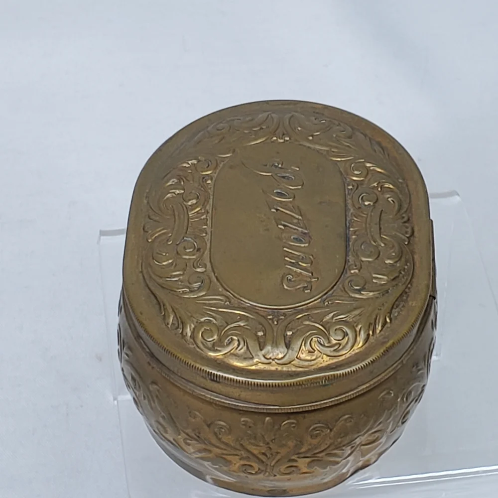 Antique Pozzoni's 1912 Brass Powder Puff Tin Box Embossed Lidded Trinket Dresser